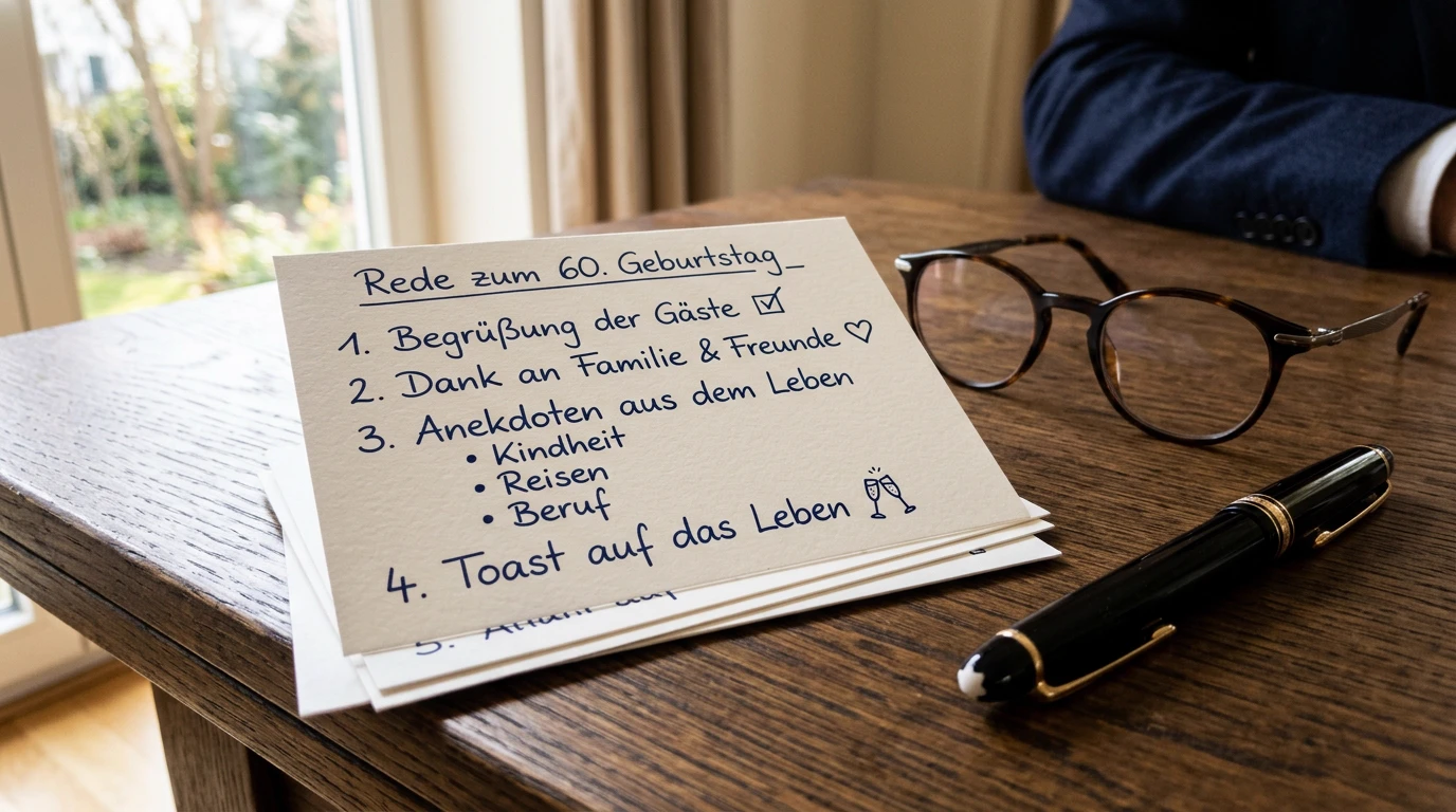 Vorbereitung der Rede zum 60. Geburtstag mit eleganten Notizen und Lesebrille