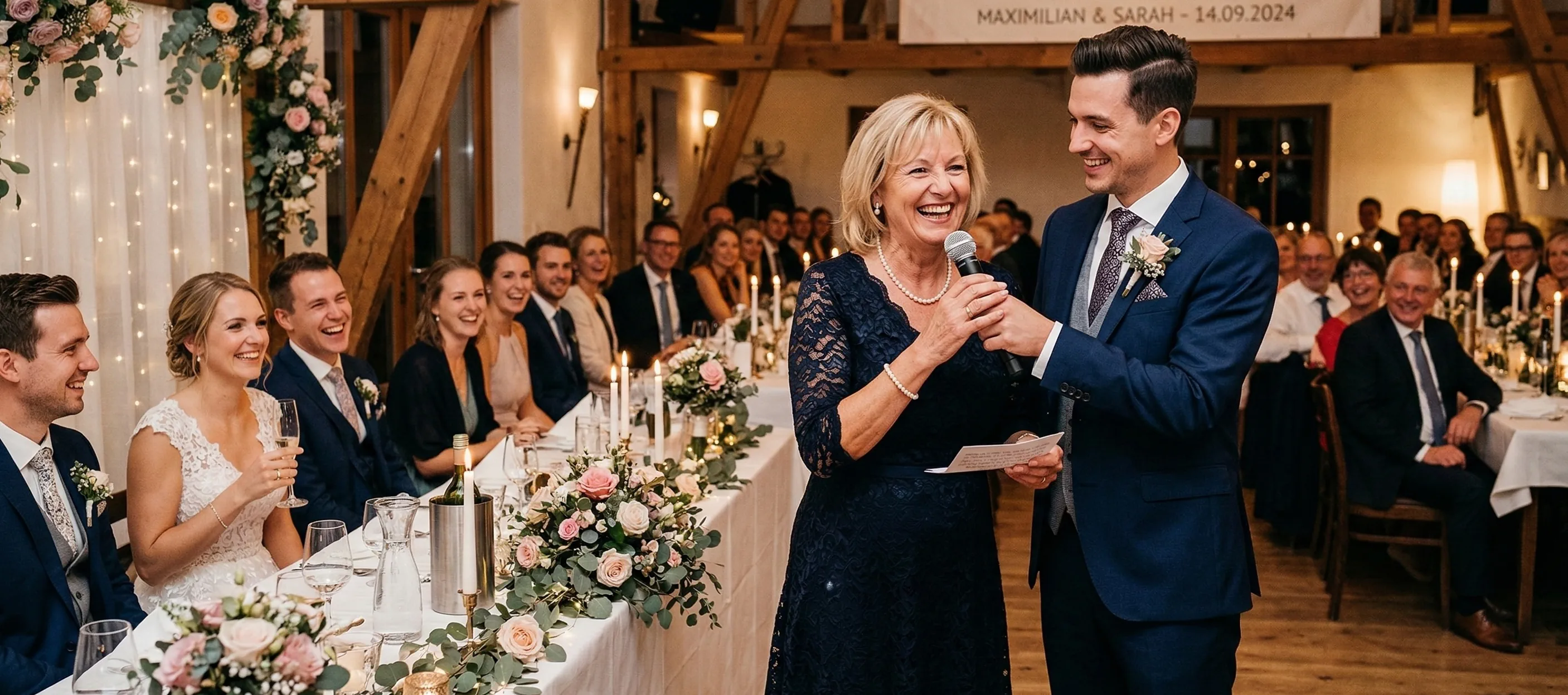 Mutter des Bräutigams lacht entspannt bei ihrer Rede mit Sektglas