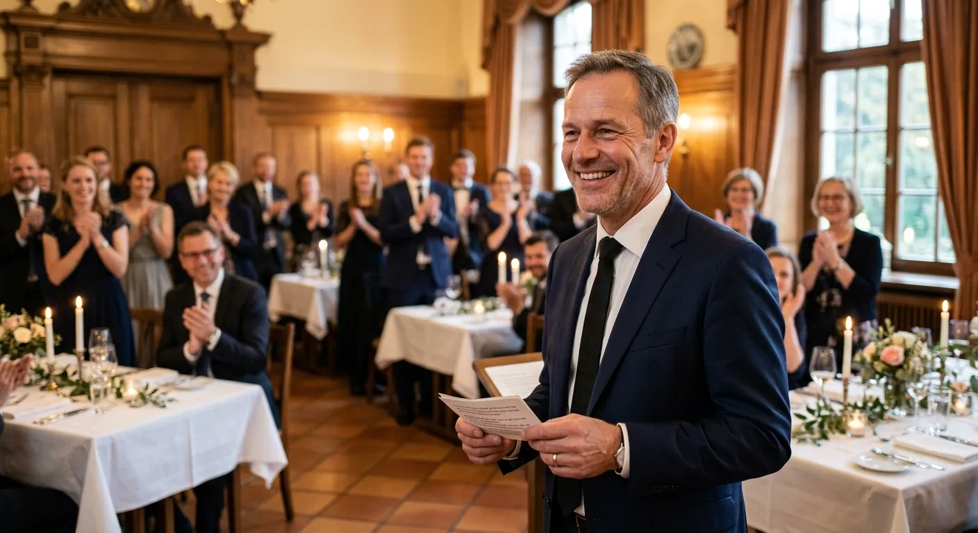 Redner auf einer festlichen Feier erhält Applaus von den Gästen