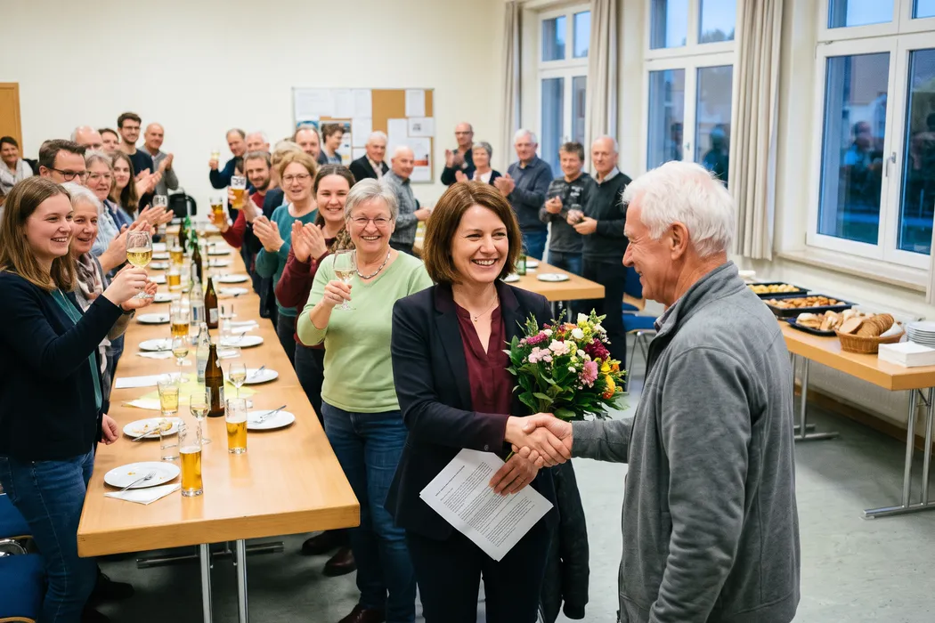 Frisch gewählte Vorsitzende mit Blumenstrauß und Manuskript bekommt vom Vorgänger die Hand gereicht, die Mitglieder applaudieren und prosten ihr zu
