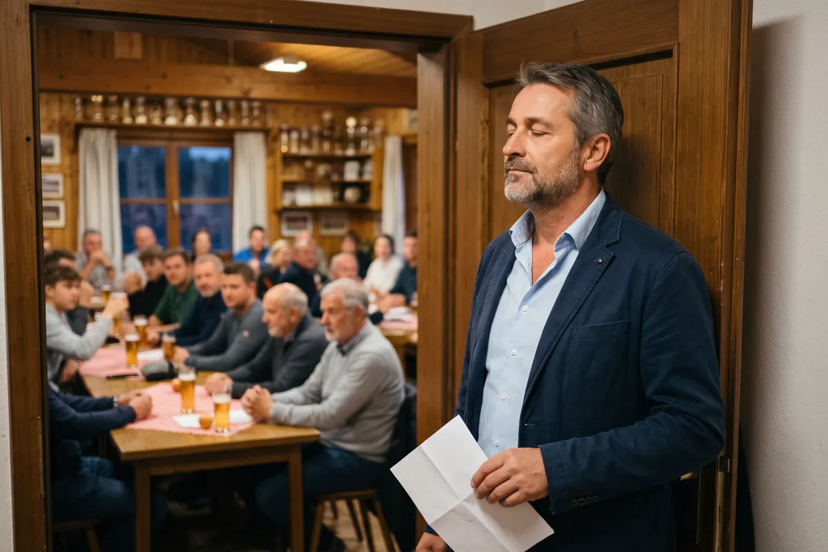 Vereinsvorsitzender steht in der Tür zum Vereinsraum und atmet kurz vor seiner Rede konzentriert durch, das Manuskript in der Hand