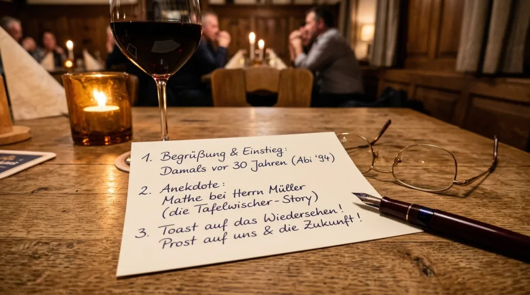 Vorbereitung der Rede zum Klassentreffen mit Redekarten und Notizen im Restaurant