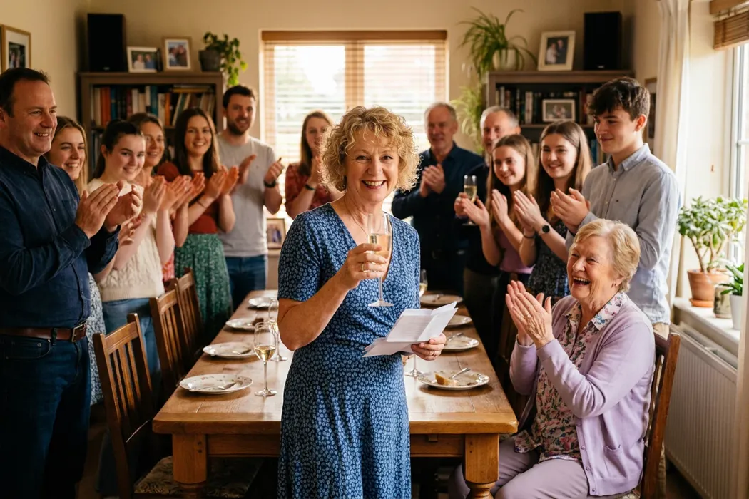 Tochter erhebt am Ende ihrer Rede das Glas, die neunzigjährige Mutter lacht und klatscht, die ganze Familie applaudiert