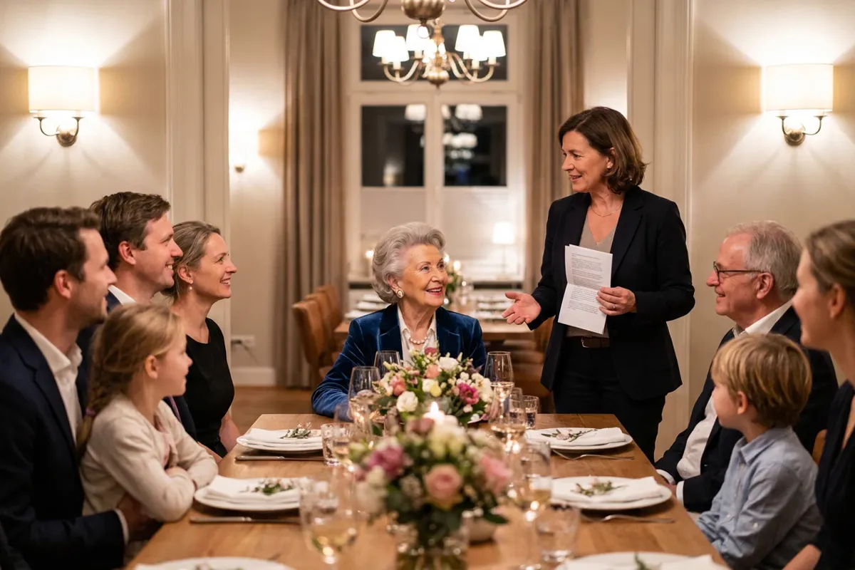 Tochter hält die Rede zum 90. Geburtstag, die Jubilarin lächelt gerührt, Familie und Enkel am festlichen Tisch