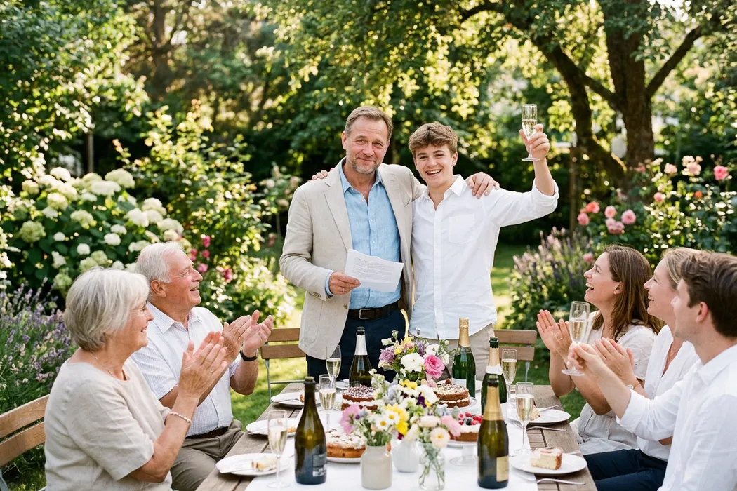 Vater mit Manuskript nach seiner Rede zum Abitur im Garten, der Sohn legt den Arm um ihn und hebt das Glas, Großeltern und Familie applaudieren