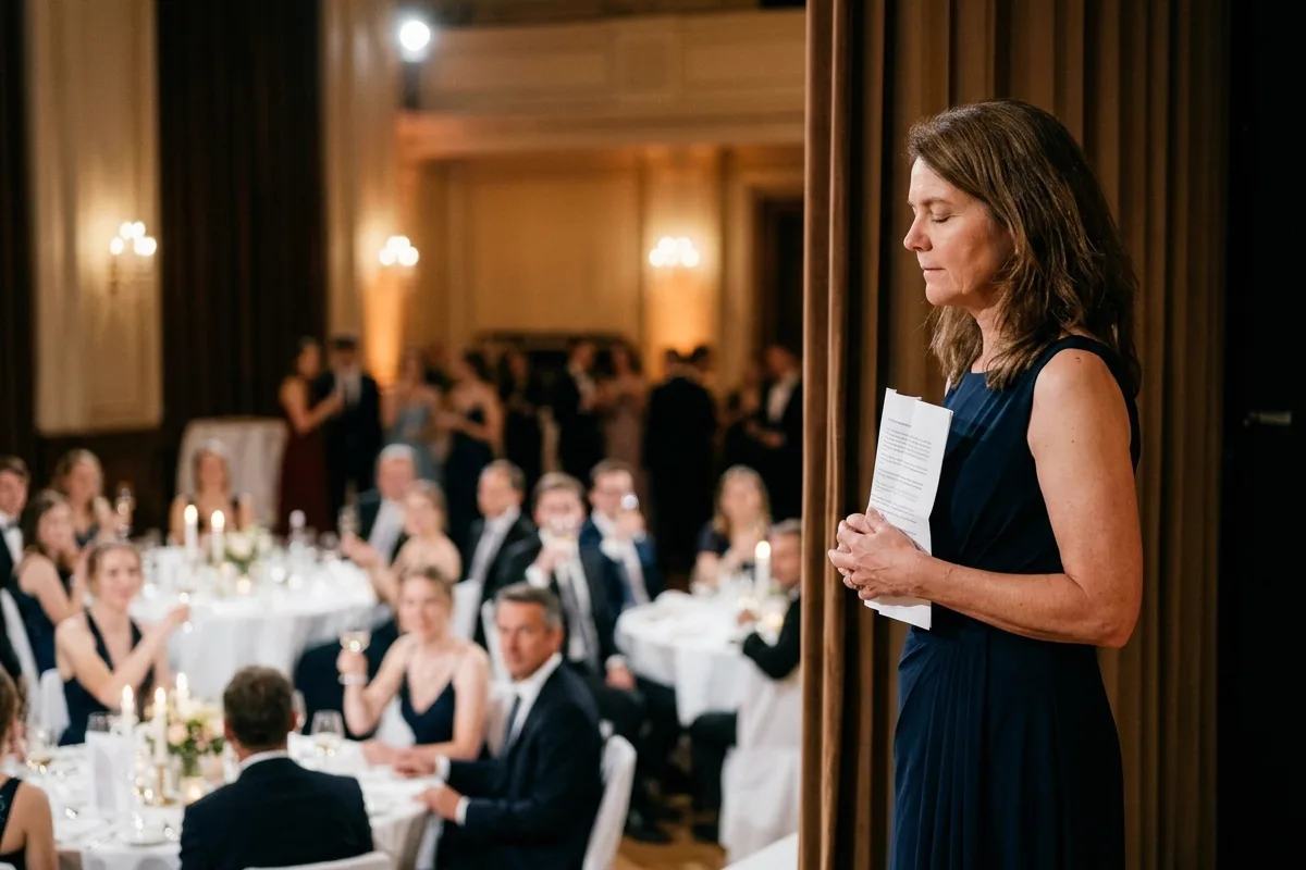 Elternvertreterin im Abendkleid steht am Bühnenrand, drückt das Manuskript an sich und atmet mit geschlossenen Augen durch, hinter ihr der Ballsaal
