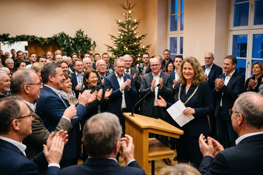 Bürgermeisterin mit Amtskette und Manuskript nimmt nach ihrer Neujahrsrede gerührt den Applaus der stehenden Gäste entgegen, die ihr mit Sekt zuprosten