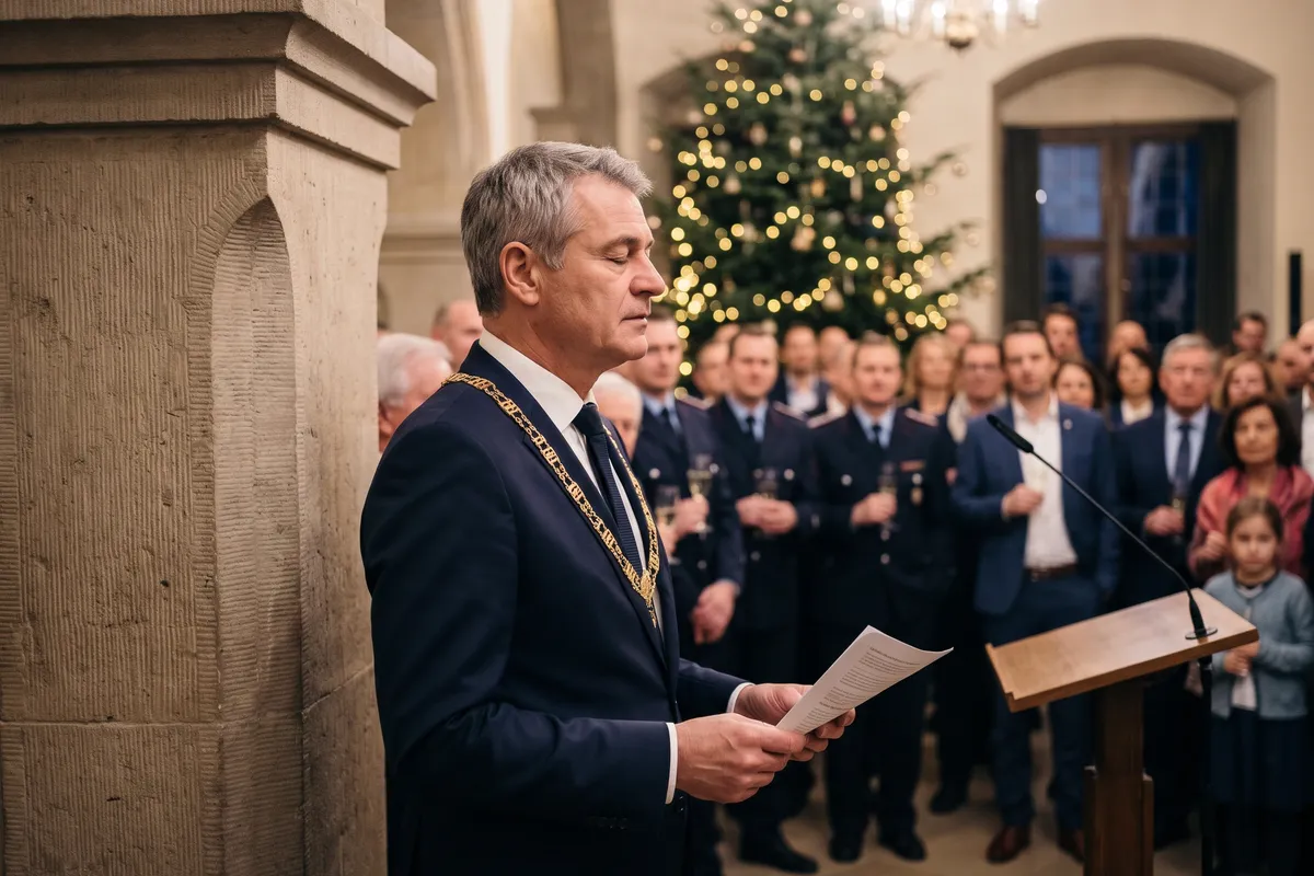 Bürgermeister mit Amtskette steht neben einer Steinsäule im Rathausfoyer und atmet kurz vor seiner Neujahrsrede mit geschlossenen Augen durch