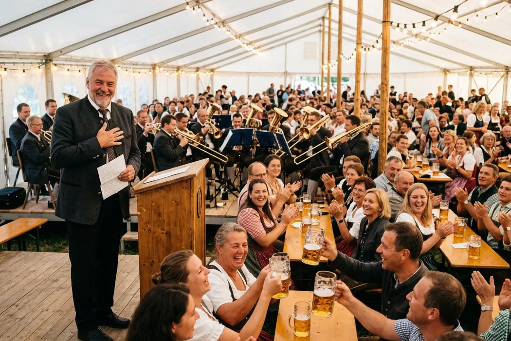 Vereinsvorsitzender hat im Festzelt seine Rede zum Vereinsjubiläum beendet, legt die Hand aufs Herz, die Mitglieder stehen auf und prosten ihm zu