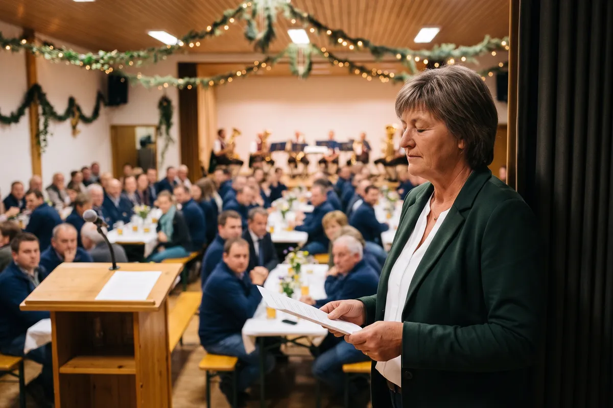 Vereinsvorsitzende im grünen Blazer steht am Rand der geschmückten Halle und atmet kurz vor ihrer Festrede konzentriert durch, das Manuskript in der Hand