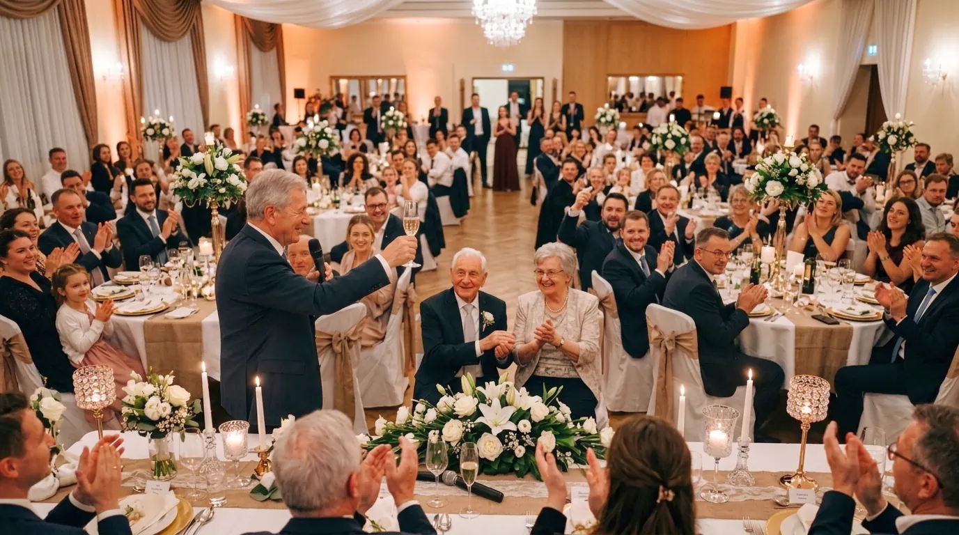 Begeisterter Applaus der Festgäste für die Rede zur Diamantenen Hochzeit an der Festtafel