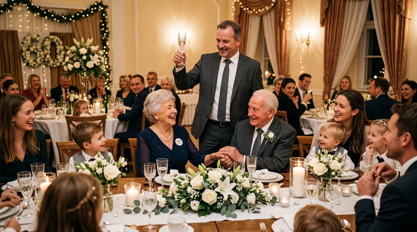 Festlicher Toast und Ansprache an der geschmückten Tafel zur Diamantenen Hochzeit