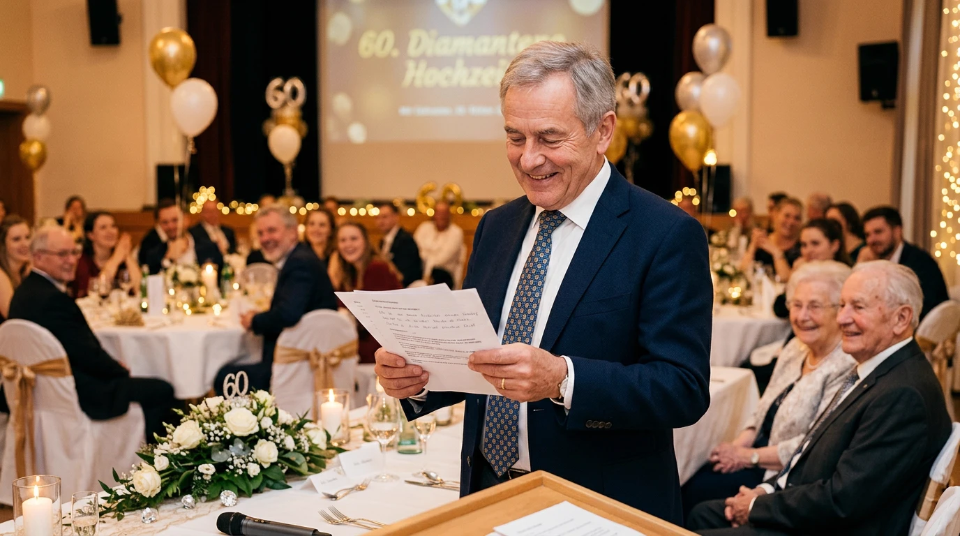 Redner bereitet sich mit Redekarten an der festlich gedeckten Tafel auf die Rede zur Diamantenen Hochzeit vor