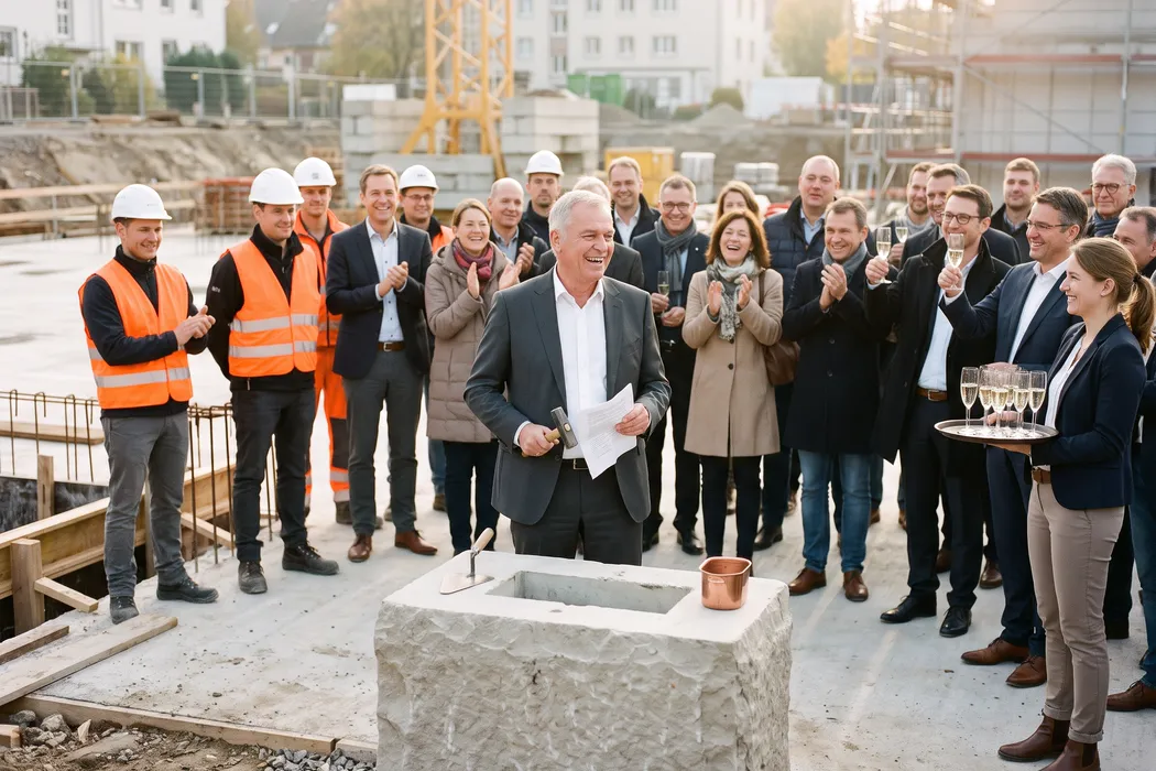 Bauherr hält nach den Hammerschlägen am frisch gesetzten Grundstein sein Manuskript, Ehrengäste und Bauleute applaudieren ihm herzlich