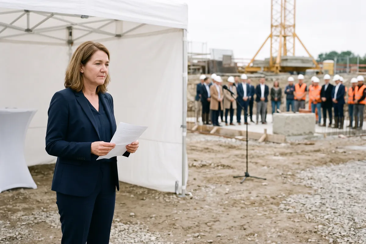 Geschäftsführerin steht am Rand der Baustelle und atmet kurz vor ihrer Rede zur Grundsteinlegung konzentriert durch, das Manuskript in der Hand