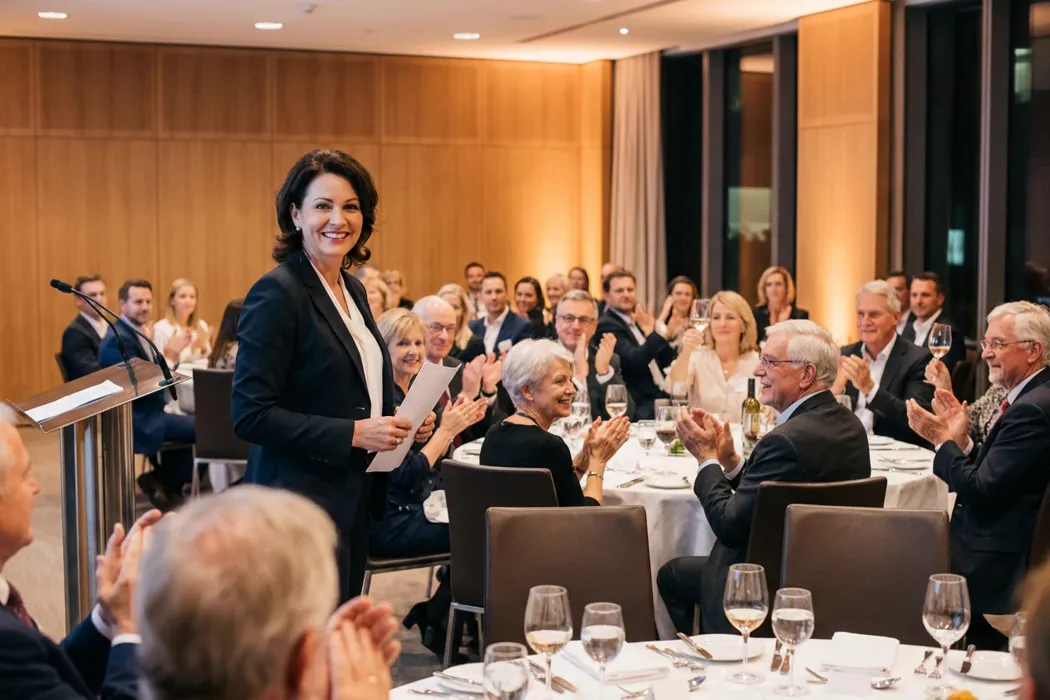 Rednerin mit Manuskript bei der Jubilarehrung, die geehrten langjährigen Mitarbeiter applaudieren und lachen an den festlichen Tischen