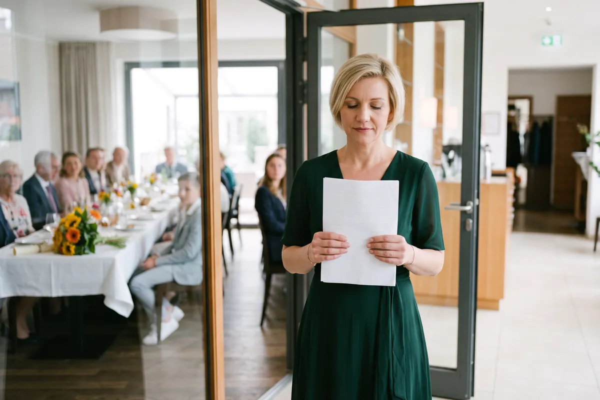 Mutter steht mit Manuskript vor der Glastür des Festsaals und atmet mit geschlossenen Augen durch, hinter ihr die Tafel mit dem Sohn