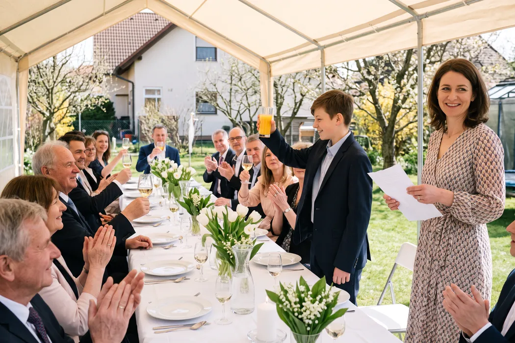 Mutter mit Manuskript nimmt im Gartenzelt gerührt den Applaus der Familie entgegen, ihr Sohn, der Konfirmand, hebt stolz sein Glas