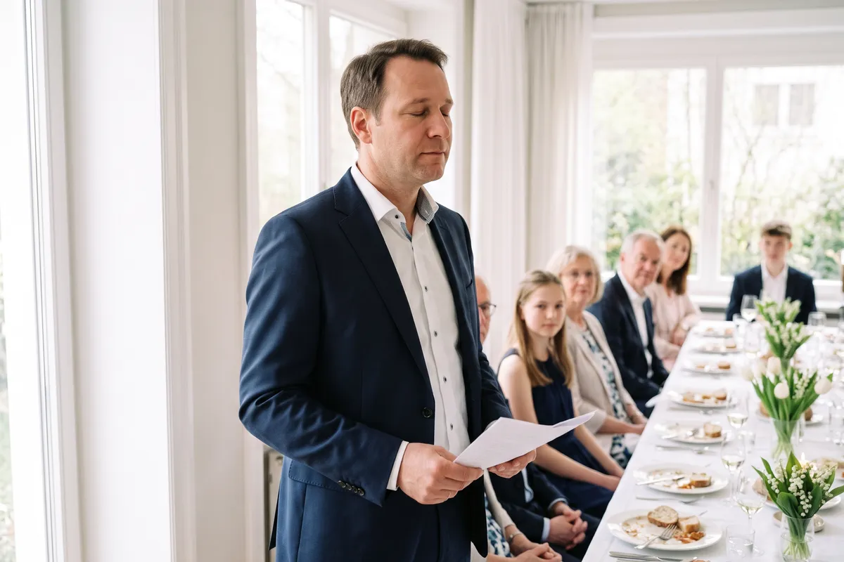 Vater steht mit Manuskript am Fenster des Festsaals und atmet mit geschlossenen Augen durch, hinter ihm die Tafel mit der Konfirmandin