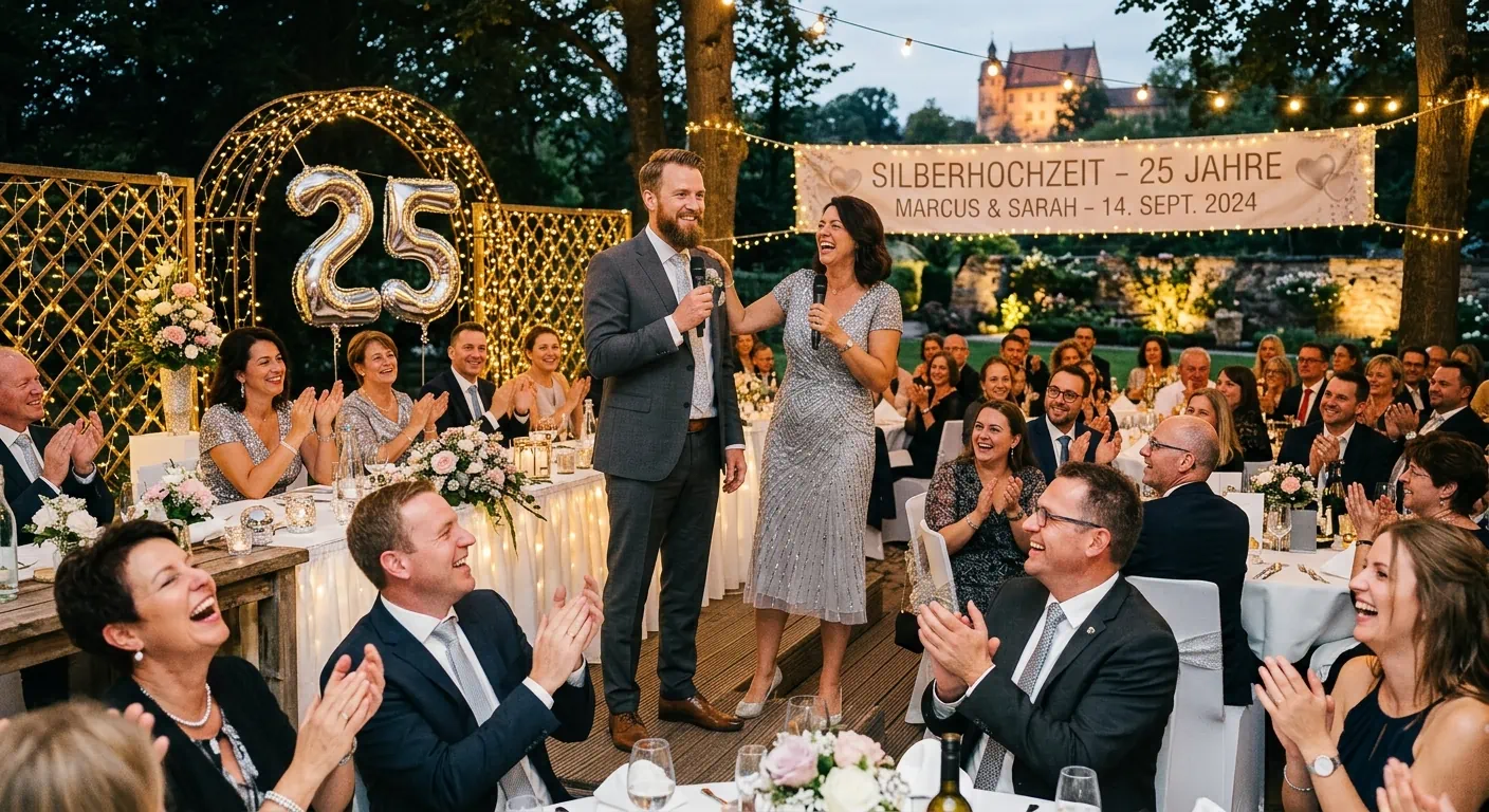 Silberhochzeitspaar strahlt glücklich bei der Begrüßungsrede mit erhobenem Sektglas vor den Festgästen