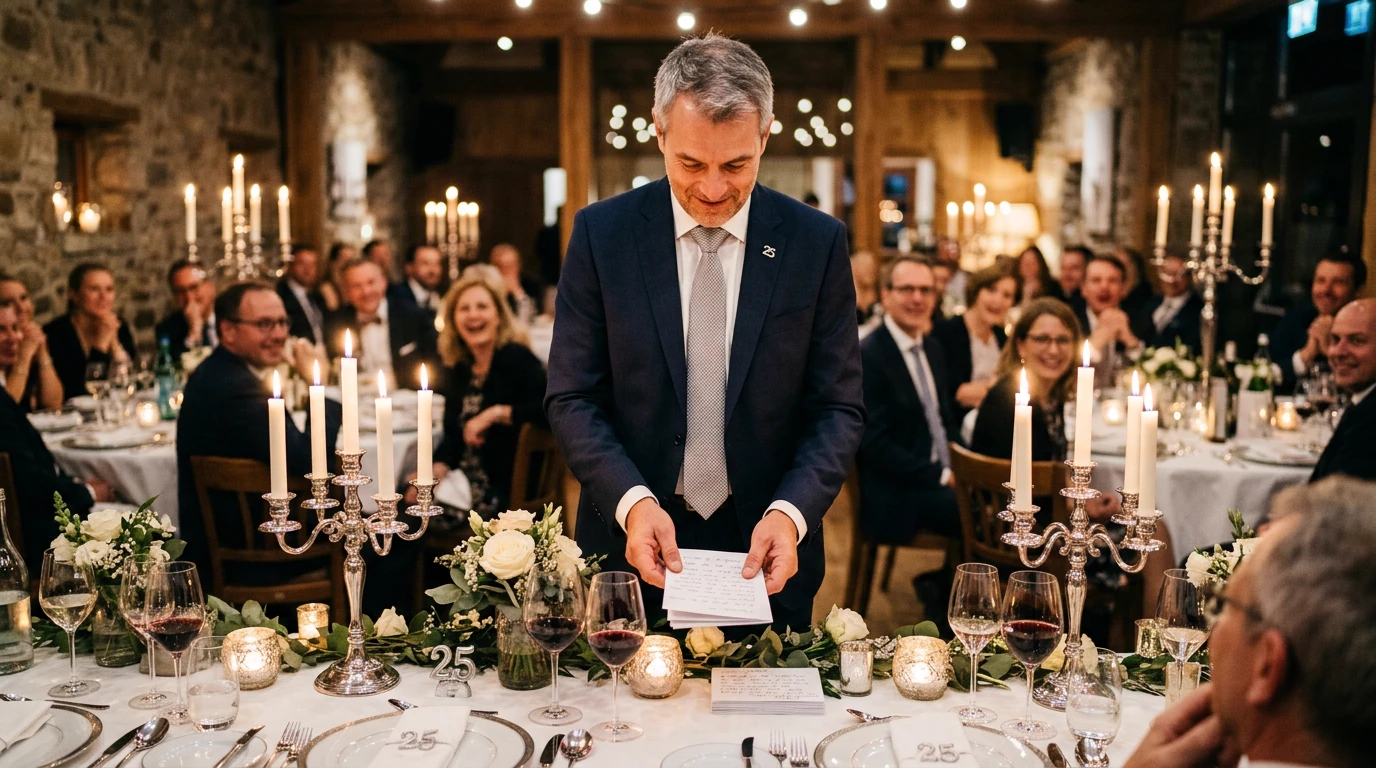 Silberbräutigam bereitet sich an der festlich gedeckten Tafel mit Redekarten auf seine Begrüßungsrede vor