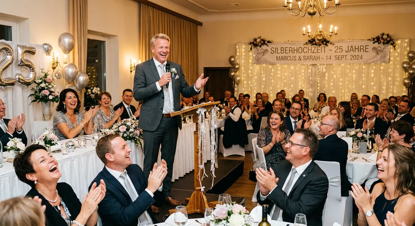 Silberhochzeitspaar stößt an der festlich geschmückten Tafel mit Familie und Freunden auf 25 Jahre Ehe an