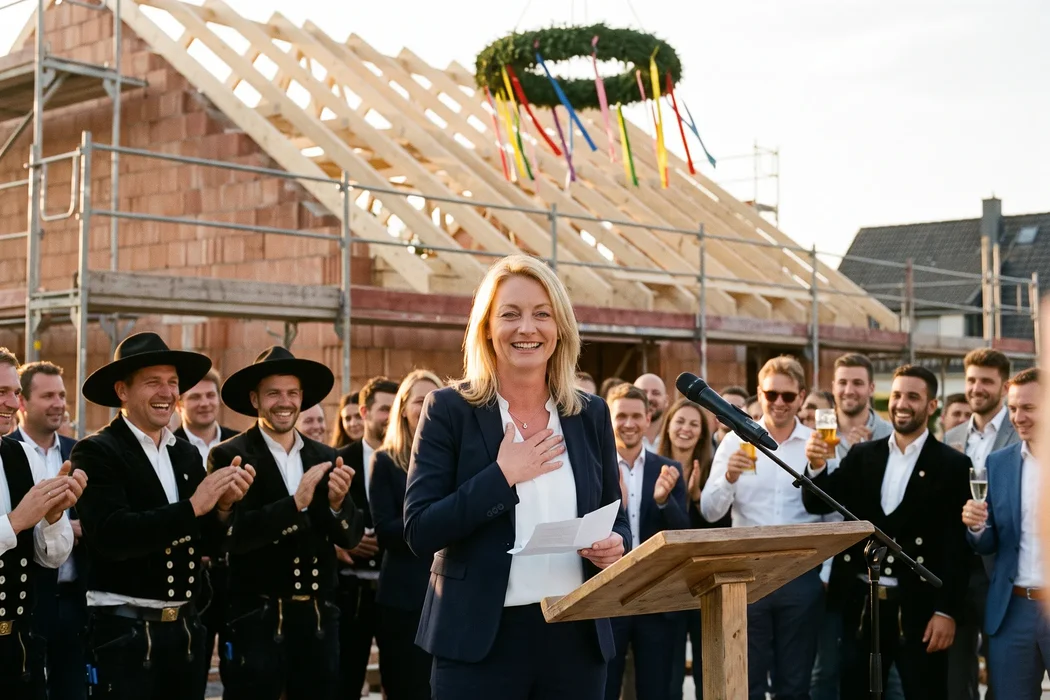 Rednerin legt nach ihrer Richtfest-Rede strahlend die Hand aufs Herz, Zimmerleute in Kluft und Gäste applaudieren vor dem Rohbau