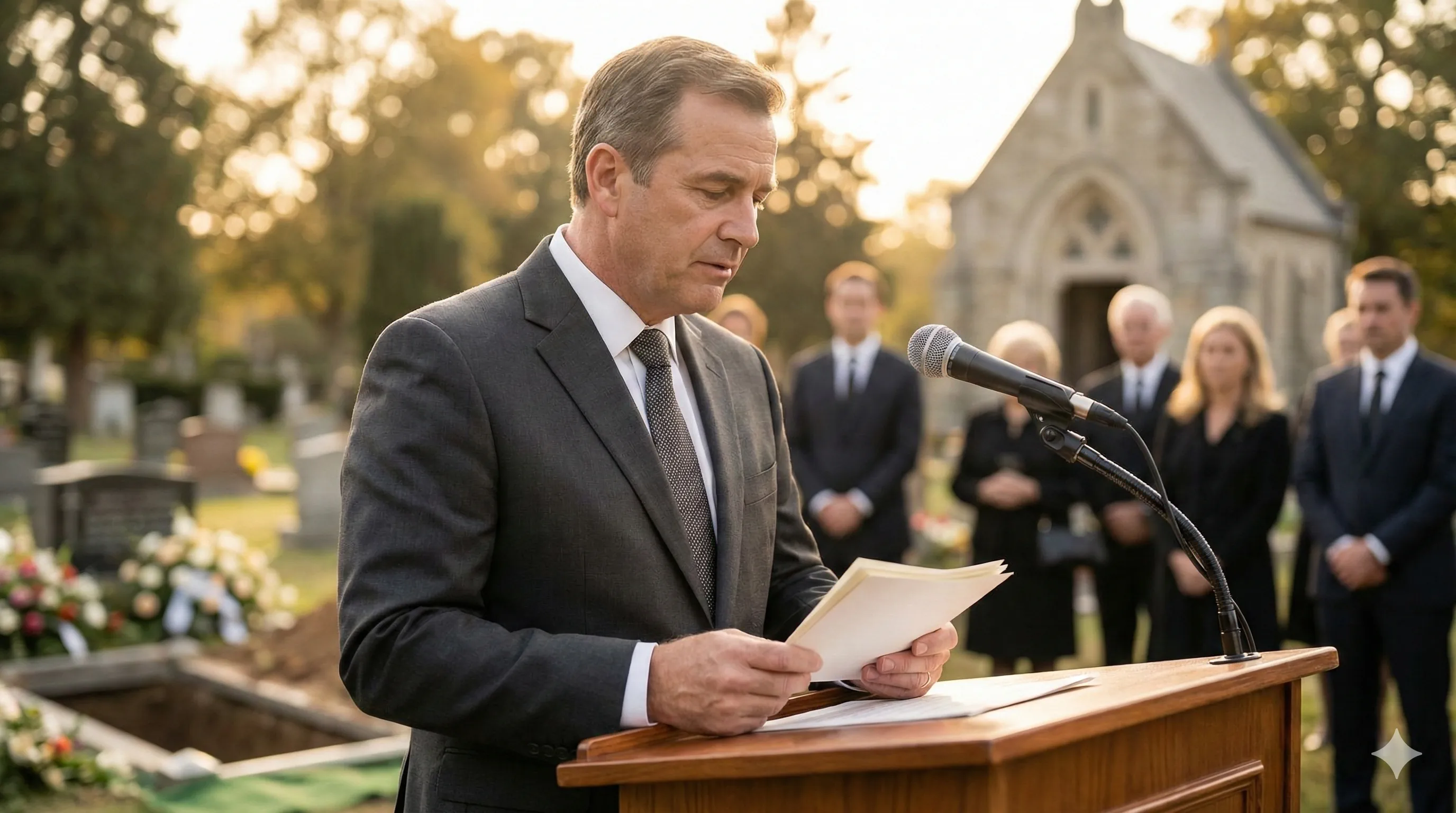 Führungskraft bei würdevoller Ansprache vor Trauergemeinde
