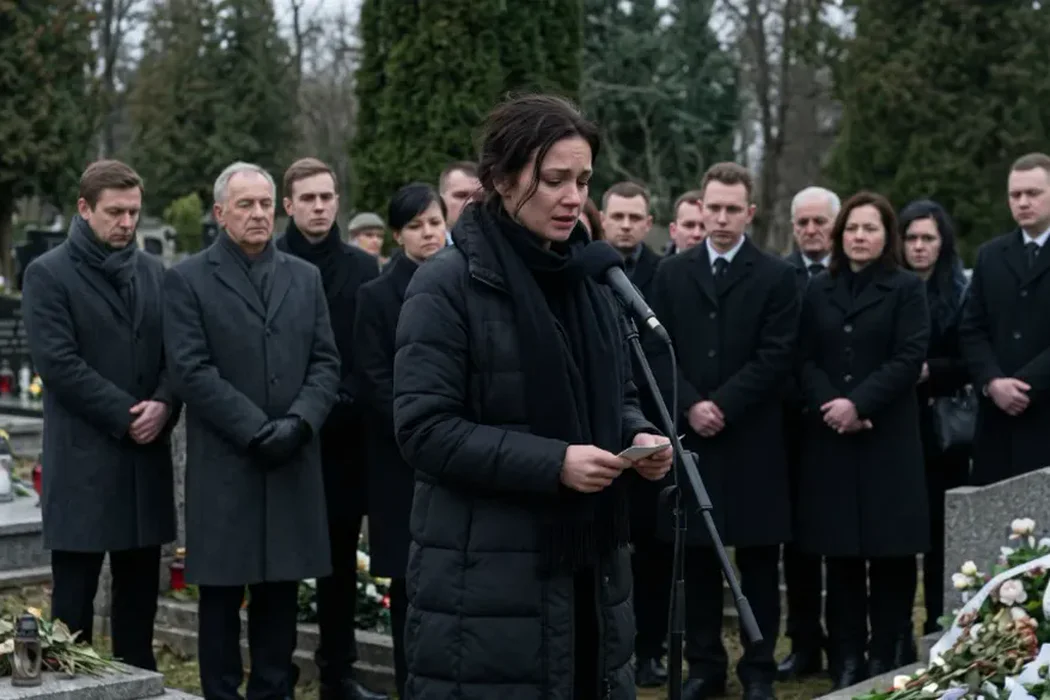 Trauernde Frau liest am offenen Grab mit bewegter Stimme ihre Rede vor, hinter ihr steht still die Trauergemeinde im Wintermantel
