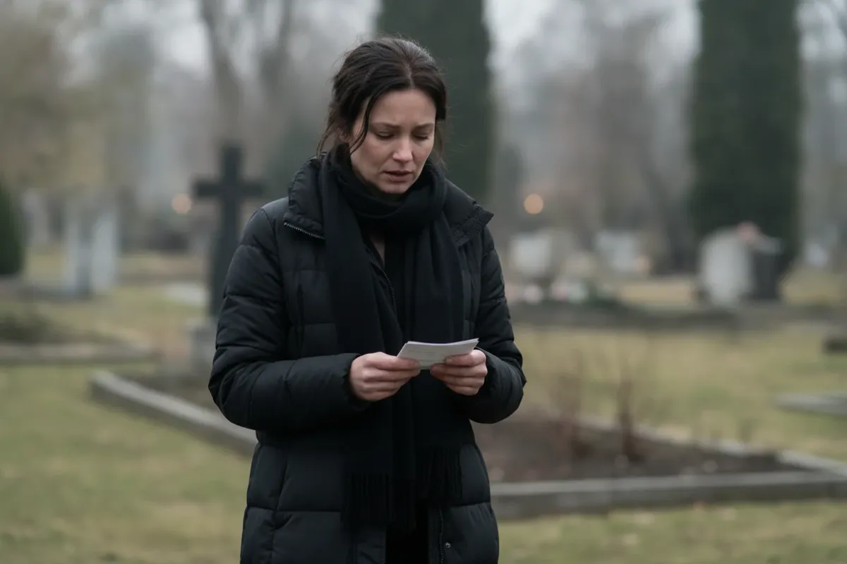 Trauernde Frau im schwarzen Mantel liest auf dem Friedhof noch einmal still ihre Notizen für die Trauerrede