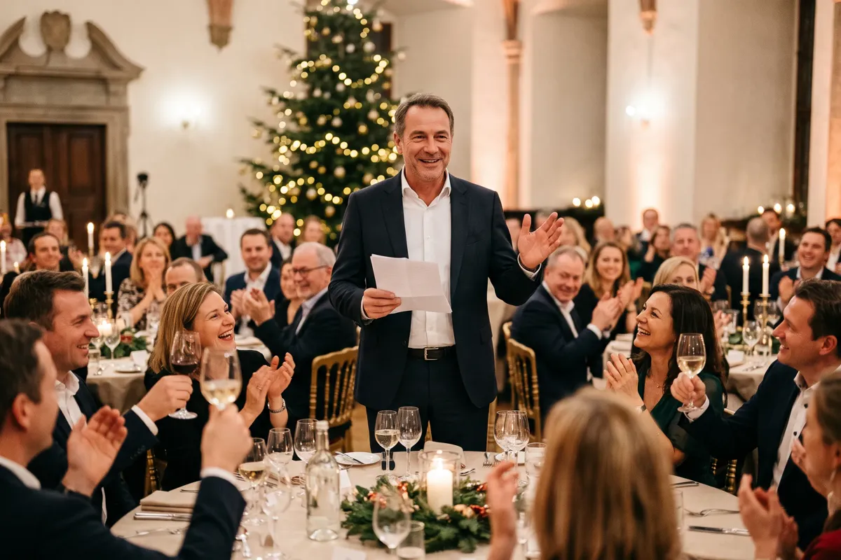 Redner im Anzug spricht mit Manuskript bei einer festlichen Weihnachtsfeier, die Gäste lachen und applaudieren