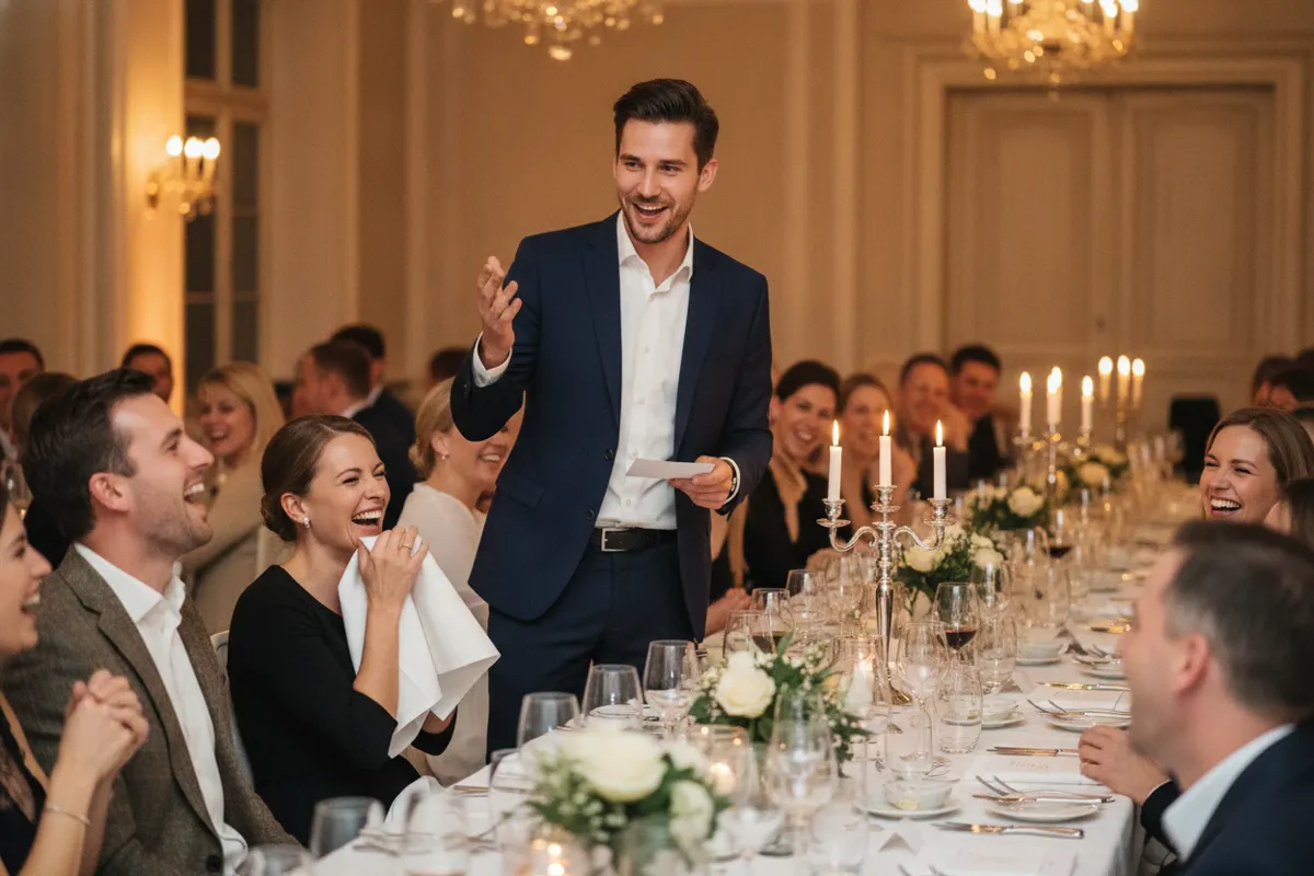 Redner erzählt mit Manuskript eine Anekdote, die Gäste an der festlichen Tafel lachen herzlich
